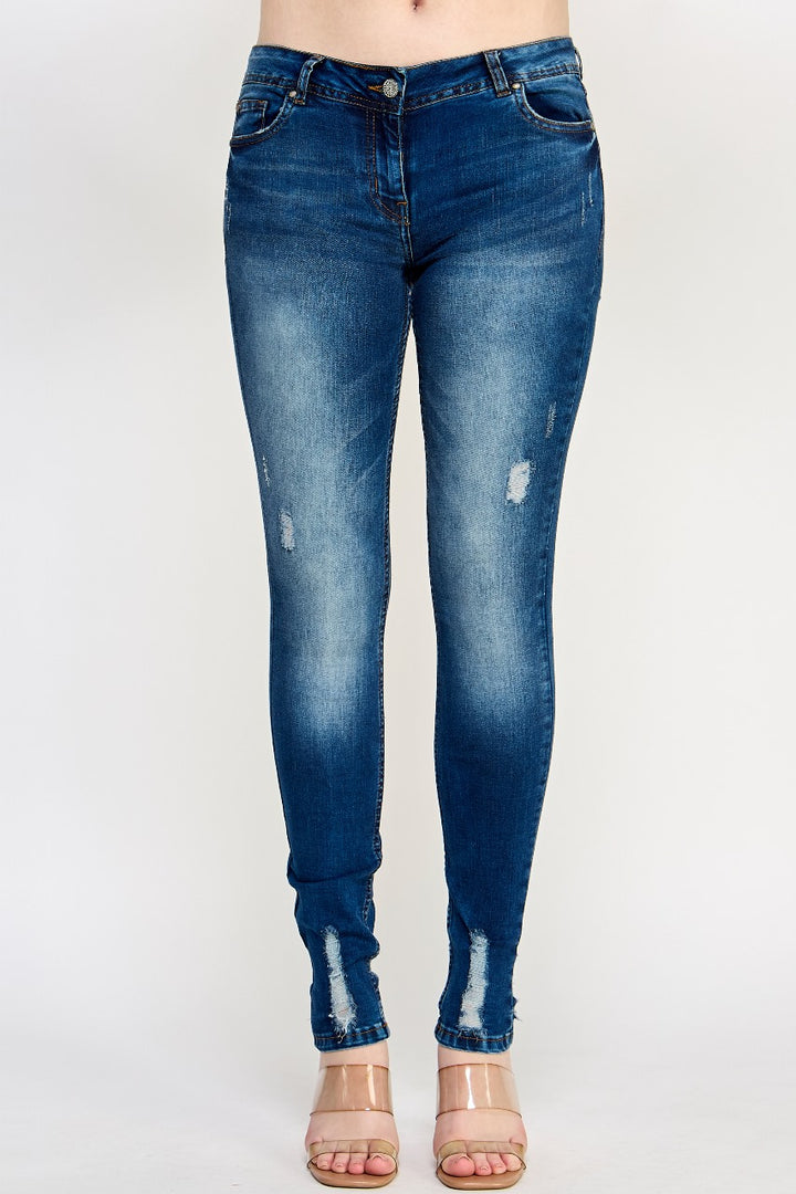 Ripped Denim Skinny Mid Rise Jeans