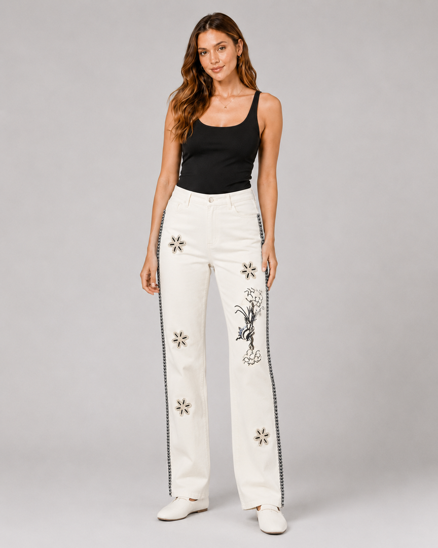 Dragon Bloom White Straight-Leg Jeans