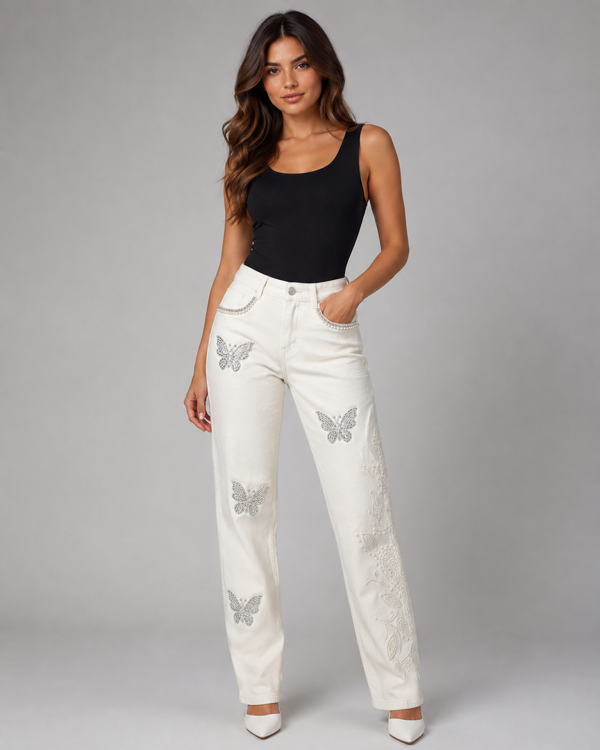 Ivory Butterfly Straight-Leg Jeans