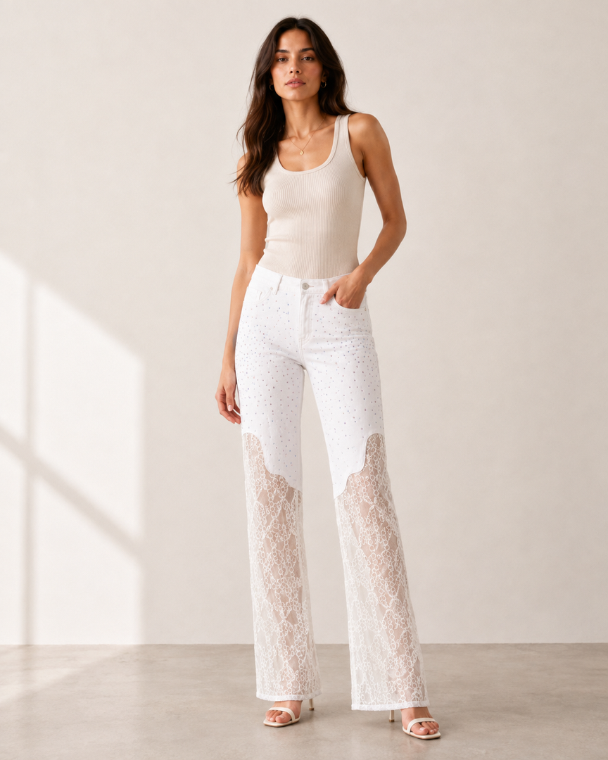 Ivory Crochet Panel Slim-Leg Jeans