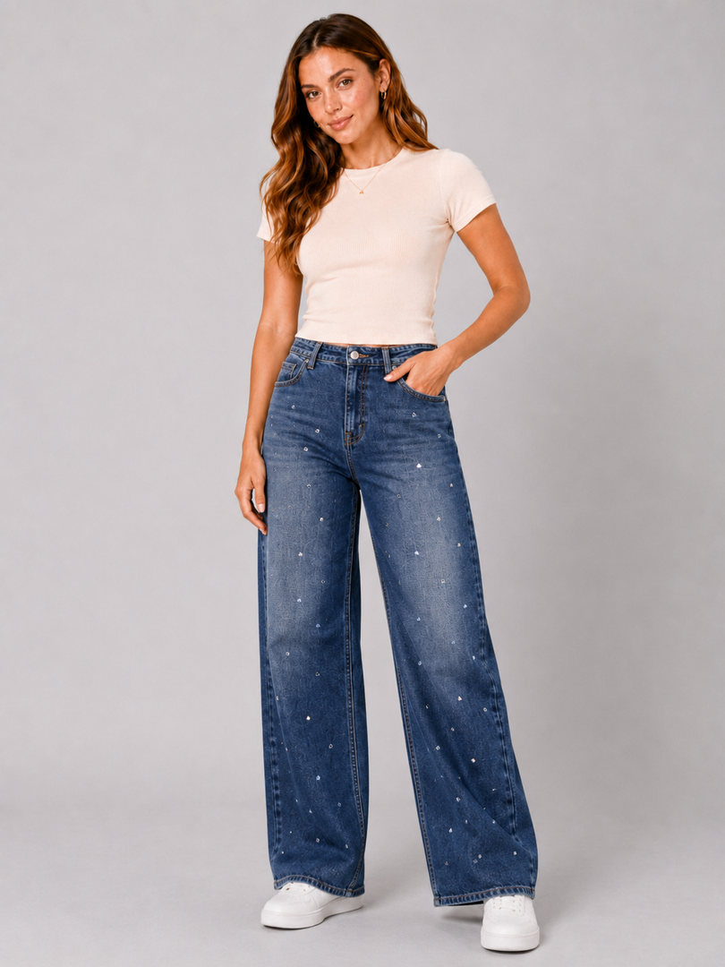 Heartlight Crystal Barrel-Leg Jeans