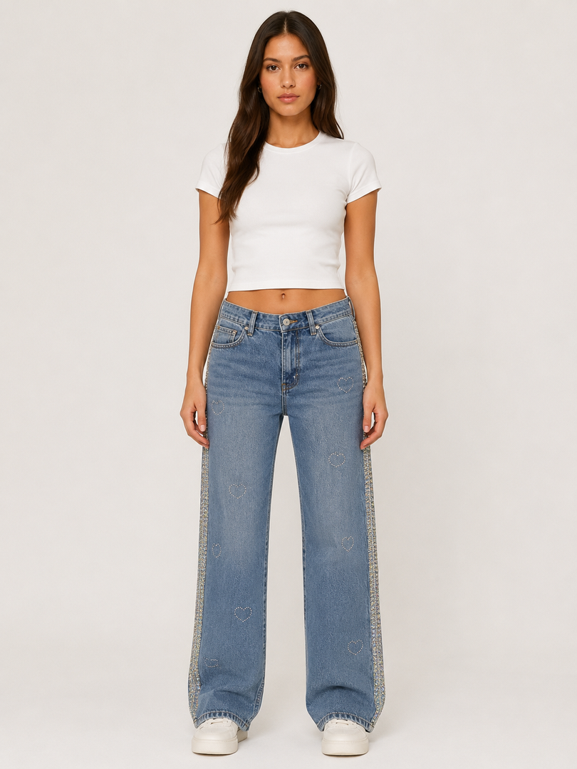 Heartline Beaded Straight-Leg Jeans