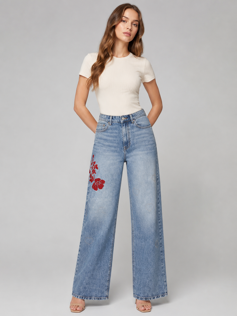 Red Flower Demim wide leg Jeans
