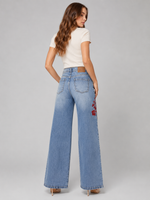 Load image into Gallery viewer, Red Flower Demim wide leg Jeans
