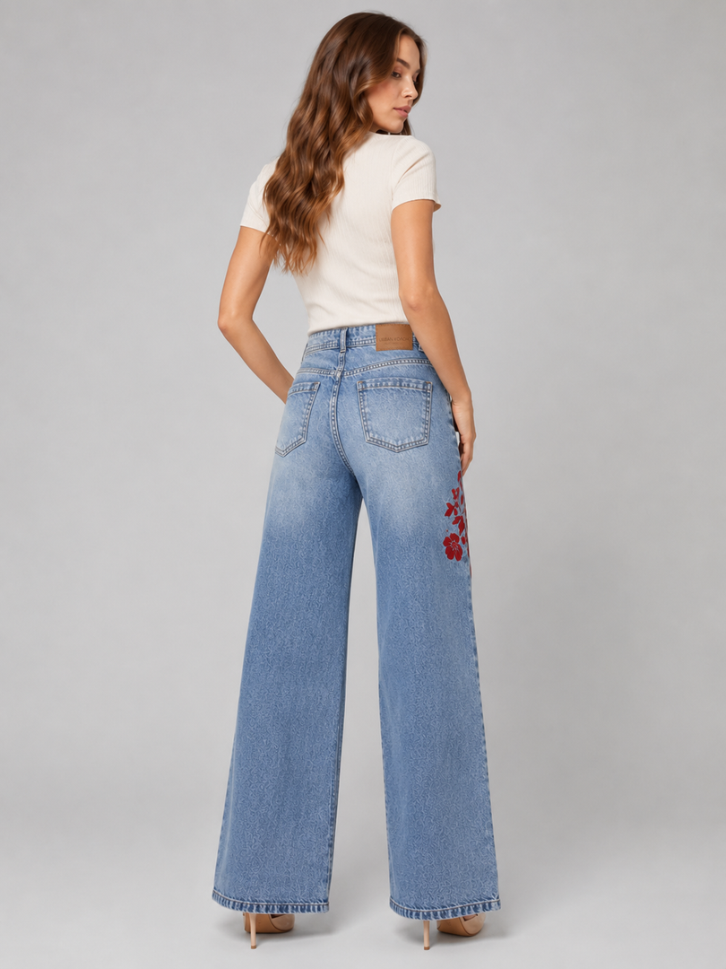 Red Flower Demim wide leg Jeans