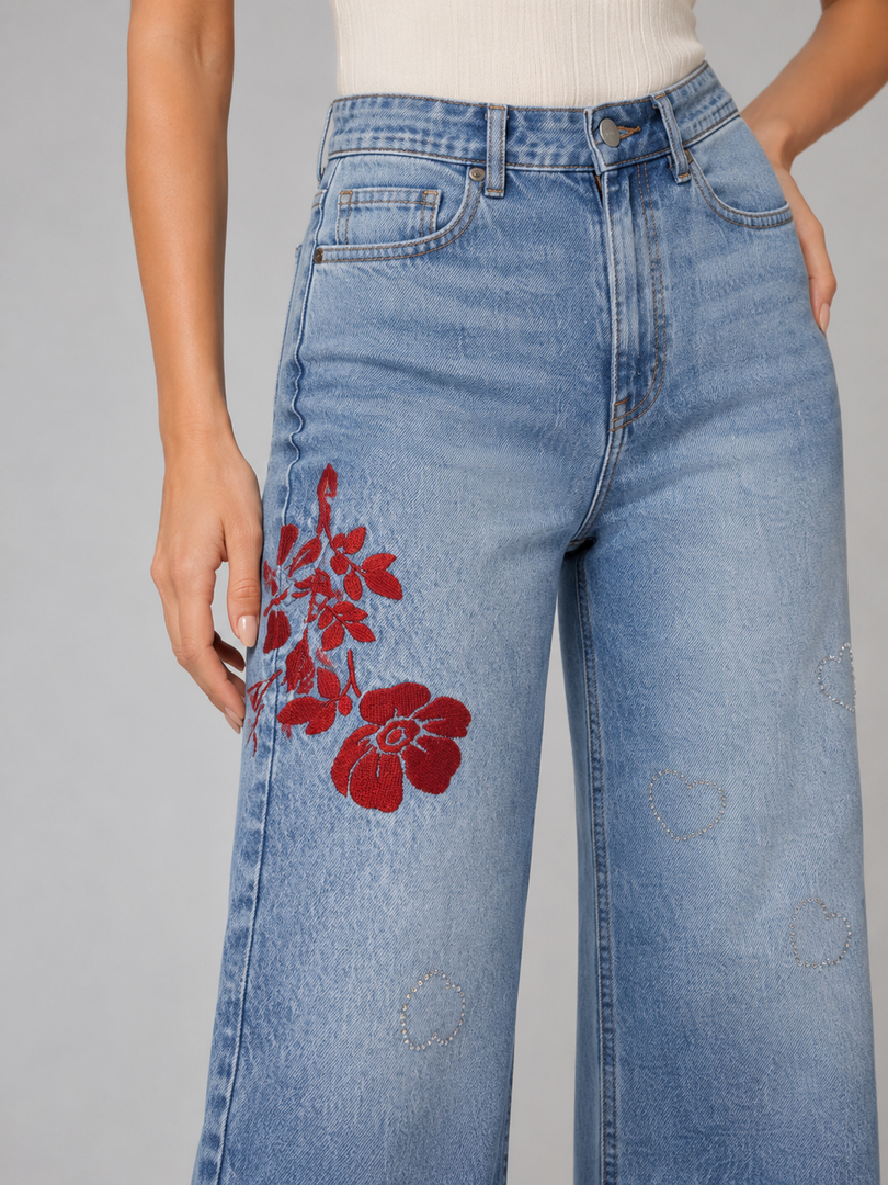 Red Flower Demim wide leg Jeans