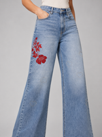 Load image into Gallery viewer, Red Flower Demim wide leg Jeans