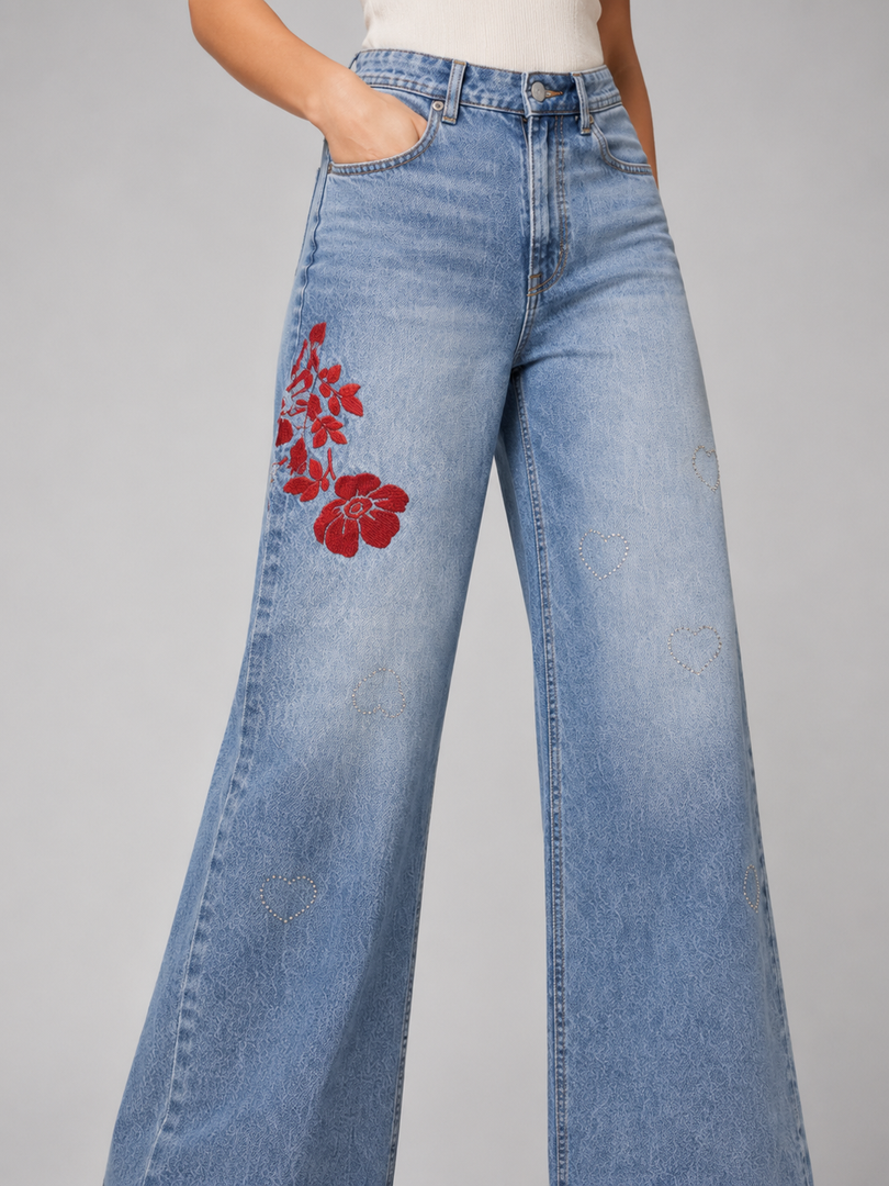 Red Flower Demim wide leg Jeans