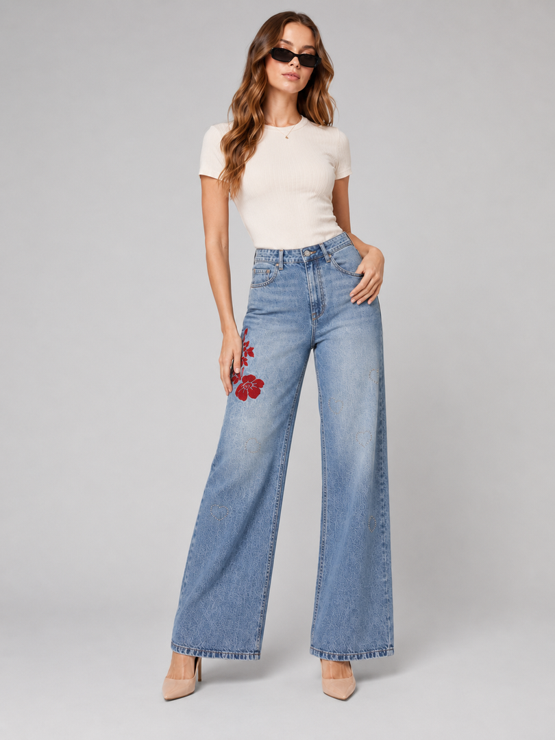 Red Flower Demim wide leg Jeans