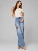 Load image into Gallery viewer, Red Flower Demim wide leg Jeans