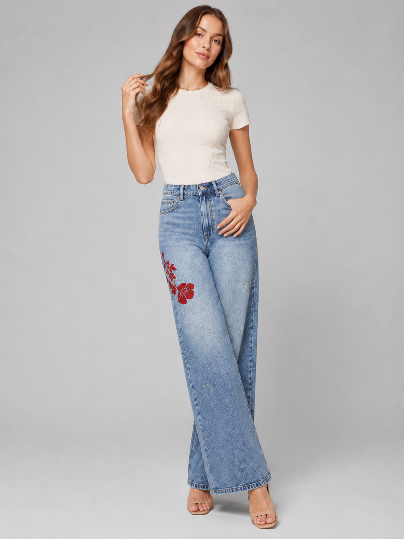 Red Flower Demim wide leg Jeans