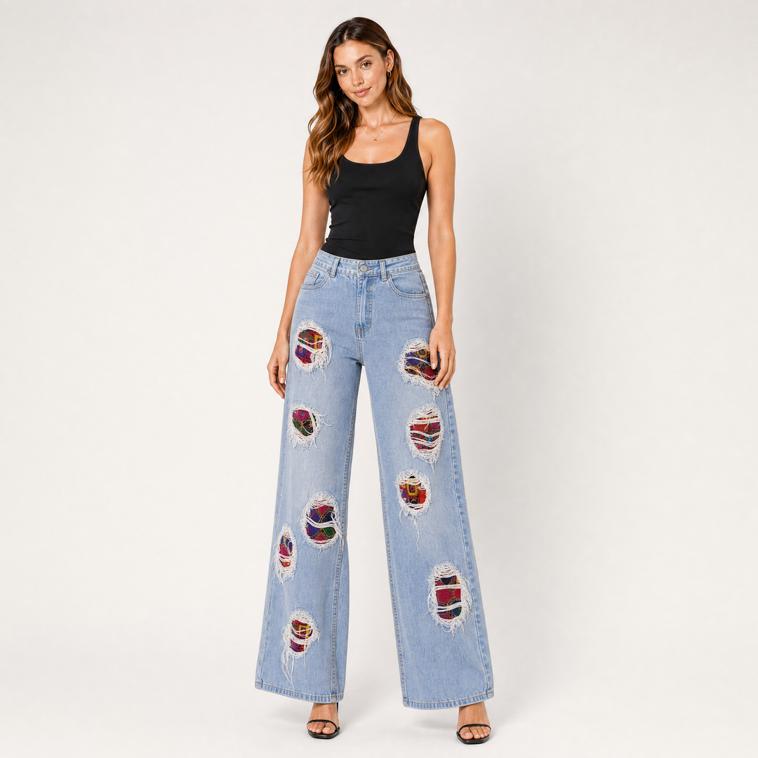Plaid Riot Distressed Wide-Leg Jeans
