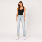 Load image into Gallery viewer, Daisy Border Embroidered Slim-Leg Jeans