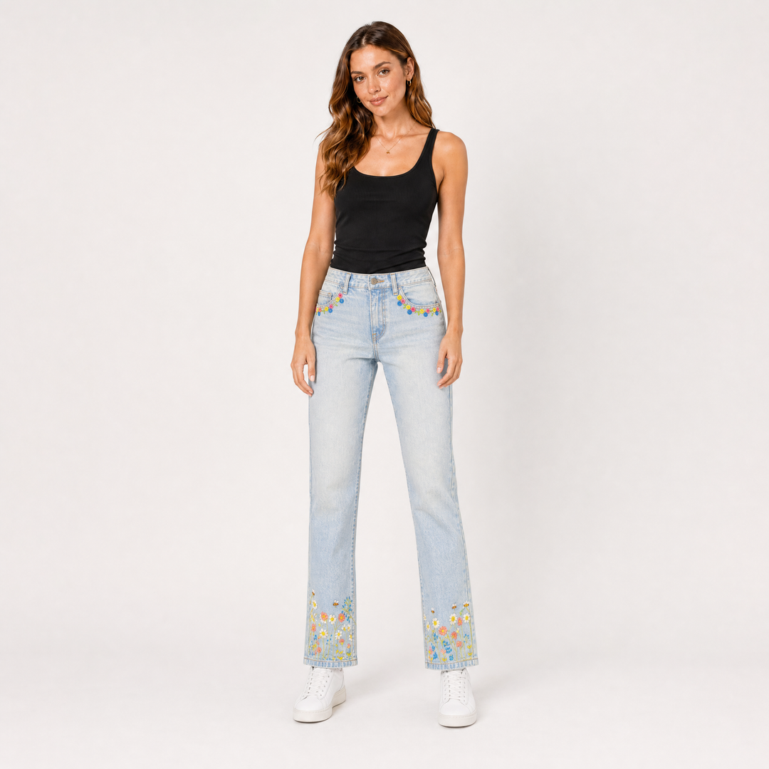 Daisy Border Embroidered Slim-Leg Jeans