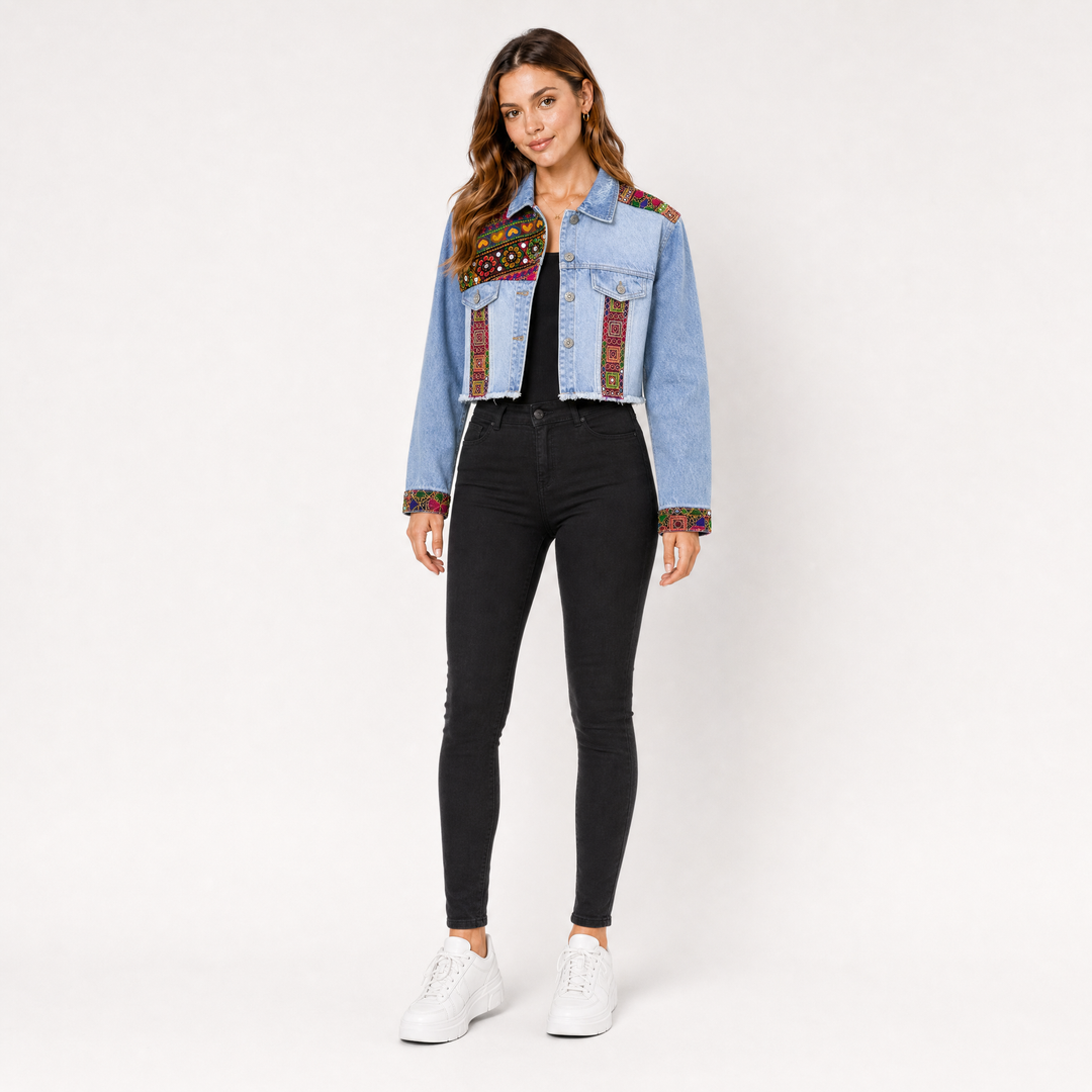 Boho Tapestry Cropped Denim Jacket