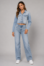 Load image into Gallery viewer, Starlit Rhinestone Cropped Denim Jacket