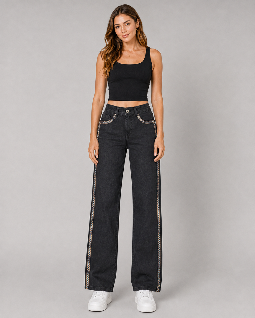 Noir Arc Embellished Straight-Leg Jeans