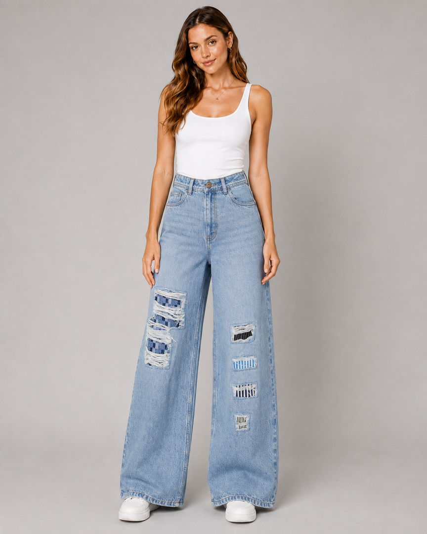 Patchplay Distressed Wide-Leg Jeans