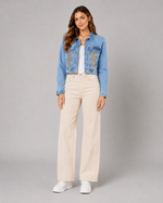 Load image into Gallery viewer, Golden Fringe Cropped Denim Jacket