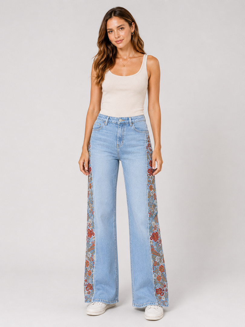 Prairie Rose Embroidered Wide-Leg Jeans