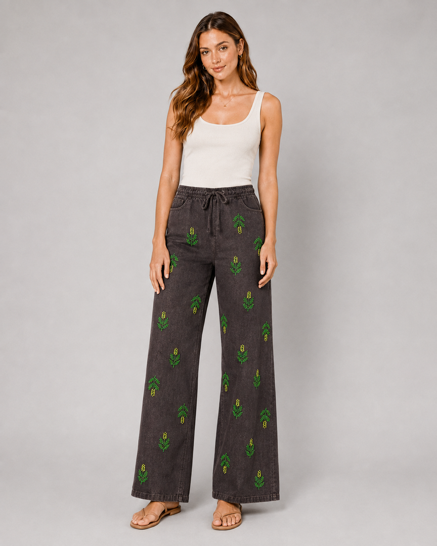 Desert Cactus Embroidered Wide-Leg Jeans