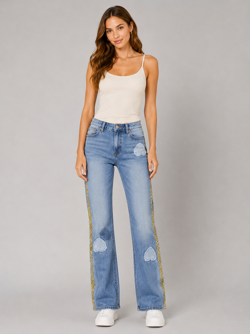 Scarlet Bloom Patchwork Straight-Leg Jeans