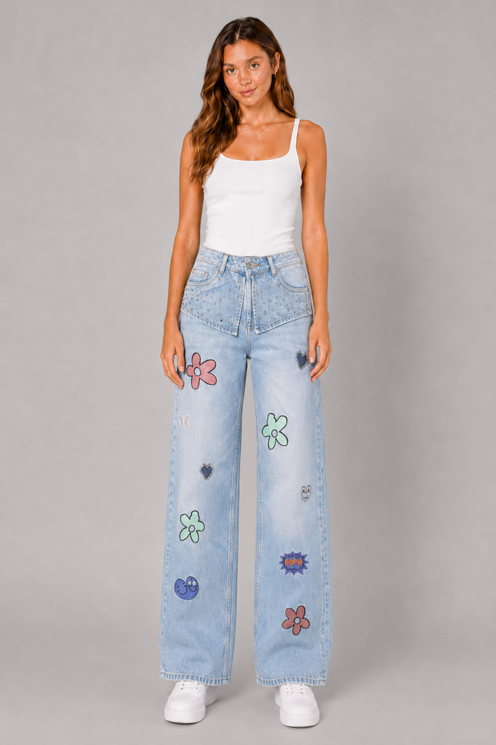 Doodle Garden Patchwork Slim-Leg Jeans