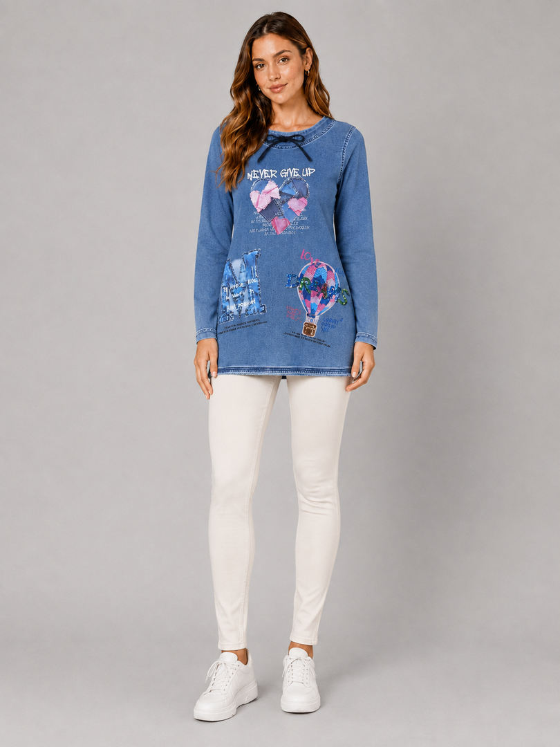 Free Spirit Collage Longline Denim Sweatshirt