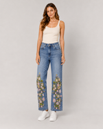 Load image into Gallery viewer, Blue Bouquet Embroidered Slim-Leg Jeans